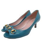 グッチ GUCCI パンプス ホースビット オープントゥ ローヒール ピンヒール 36.5 23.5cm 青 ブルー ■IBO91