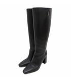 サルヴァトーレフェラガモ Salvatore Ferragamo 美品 MAILYS 85 ロングブーツ レザー スクエアトゥ チャンキーヒール ロゴ金具 ゴールド金具 7.5 25㎝ 黒 ブラック