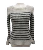 ニット セーター ローゲージ ボーダー フリル 袖フレア ウール 40 グレー 黒 ブラック ■IBO91