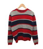 Border Crewneck Sweater ニット セーター 長袖 ボーダー ウール S 赤 レッド グレー 紺  ネイビー ☆AA★ ■IBO91
