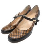 ルイヴィトン LOUIS VUITTON ダミエ パンプス メリージェーン ラウンドトゥ ハイヒール チャンキーヒール 36.5 23.5cm 黒 ブラック ライトブラウン ■IBO93