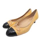 シャネル CHANEL ココマーク パンプス バレエシューズ リボンモチーフ ラウンドトゥ ローヒール 切替 37C 24cm 黄 イエロー 黒 ブラック ■IBO93