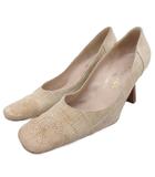 シャネル CHANEL ココマーク キャンバスパンプス スクエアトゥ チャンキーヒール 刺繍 36.5 23.5cm ベージュ ■IBO93