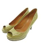 グッチ GUCCI パンプス ヒール エナメル 37.5 オリーブ オープントゥ プラットフォーム /TQ