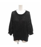 美品 ニット セーター 透かし編み ラウンドネック 七分袖 麻 リネン F 黒 ブラック /SJ ■IBO103