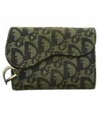 クリスチャンディオール Christian Dior Dロゴチャーム サドルコンパクトウォレット 2つ折り財布 トロッター柄 キャンバス レザー ダークグリーン ベージュ /SS ■OS ■OH ■GY18
