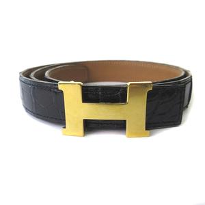 エルメス HERMES ベルトバックル リバーシブルベルト ミニコンスタンス クロコダイル ゴールドカラー金具 □G刻印 黒 茶 ブラック ブラウン 80 レディース