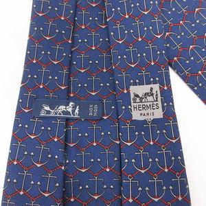エルメス HERMES 美品 ネクタイ レギュラータイ 総柄 アンカー イカリ柄 シルク 青 ブルー ☆AA★ メンズ