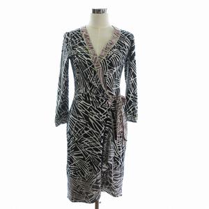 ビーシービージーマックスアズリア BCBGMAXAZRIA 美品 ラップワンピース 長袖 ひざ丈 総柄 黒 ブラック S レディース