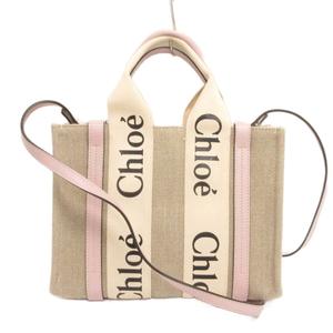 クロエ CHLOE ウッディ スモール ショルダーバッグ ハンド 2WAY 斜め掛け キャンバス レザー ピンク ベージュ 鞄 レディース