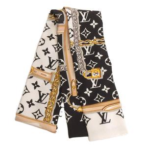 ルイヴィトン LOUIS VUITTON 美品 バンドーコンフィデンシャル モノグラム スカーフ 総柄 チェーン シルク M78656 黒 ブラック 小物 レディース