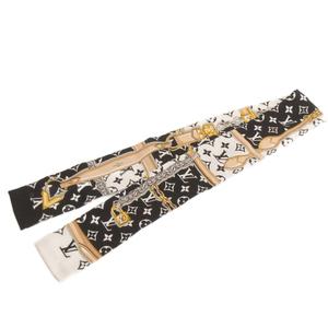 ルイヴィトン LOUIS VUITTON 美品 バンドーコンフィデンシャル モノグラム スカーフ 総柄 チェーン シルク M78656 黒 ブラック 小物 レディース