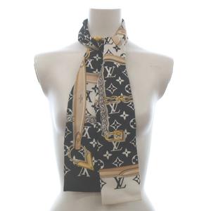 ルイヴィトン LOUIS VUITTON 美品 バンドーコンフィデンシャル モノグラム スカーフ 総柄 チェーン シルク M78656 黒 ブラック 小物 レディース