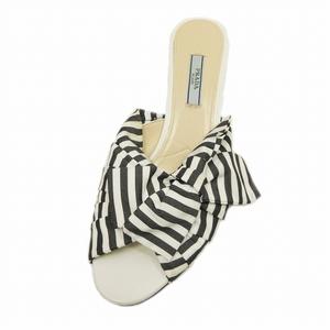 プラダ PRADA リボン ストライプ ミュール サンダル ローヒール シューズ 靴 38 1/2 白 グレー/7/☆I64■11 レディース