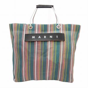 美品 マルニマーケット MARNI MARKET メッシュ ショッピング トートバッグ ストライプ ナイロン ロゴ レザーワッペン ハンドバッグ 手提げ 手持ち カバン 鞄 グリーン ピンク イエロー ホワイト レディース ■G50