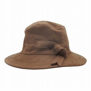 美品 エルメス HERMES ラムスキン レザー ハット 帽子 キャップ ヌバック スエード リボン サイズ58 茶 ブラウン レディース/●S07 