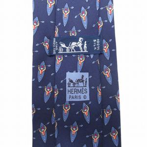 美品 エルメス HERMES カヌー柄 ネクタイ シルクツイル 総柄 レギュラータイ 紺 ネイビー 7337EA フランス製/メンズ/●C06/EK1 