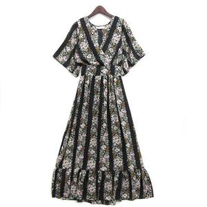 チルアナップ Chille anap ロング ワンピース マキシ シフォン フラワー 花柄 フレアスリーブ 半袖 ブラック 黒 F レディース