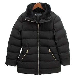 ザラ ZARA ダウンコート ウエストマーク フード ファー ブラック 黒 M