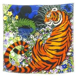 エルメス HERMES TYGER TYGER Alice Shirley タイガータイガー 柄 カレ 90 スカーフ 総柄 シルク ブルー系 ☆AA★ レディース
