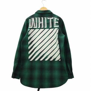 オフホワイト OFF WHITE チェック プリント ボタンアップ フランネルシャツ S GREEN グリーン メンズ