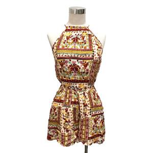 未使用品 エイチ&エム H&M サロペット オーバーオール オールインワン ショートパンツ ホルターネック 花柄 ボタニカル柄 34 赤 レッド 黄 イエロー ピンク 白 ホワイト ※MZ レディース