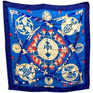 エルメス HERMES DAIMYO PRINCES DO SOLEIL LEVANT スカーフ カレ90 大名 日出る国の皇子 シルク 青 ブルー レディース