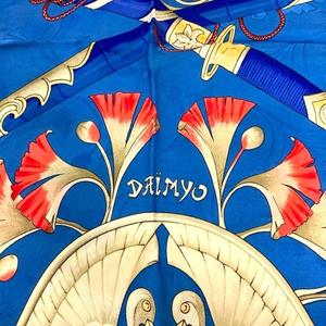 エルメス HERMES DAIMYO PRINCES DO SOLEIL LEVANT スカーフ カレ90 大名 日出る国の皇子 シルク 青 ブルー レディース