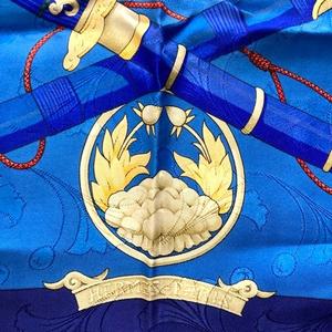 エルメス HERMES DAIMYO PRINCES DO SOLEIL LEVANT スカーフ カレ90 大名 日出る国の皇子 シルク 青 ブルー レディース