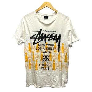 ステューシー STUSSY Tシャツ クルーネック コットン ロゴプリント 半袖 M 白 ホワイト オレンジ メンズ