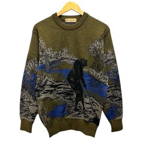 ミズノ MIZUNO GRAND MONARCH ニットセーター クルーネック ウール 総柄 長袖 L 緑 カーキ メンズ