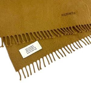 エルメス HERMES マフラー カシミヤ フリンジ ロゴ 刺繍 茶 キャメル  