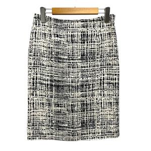プラダ PRADA スカート タイト ツイード リネン混 シルク混 バックスリット ひざ丈 38S 紺 ネイビー 白 ホワイト レディース