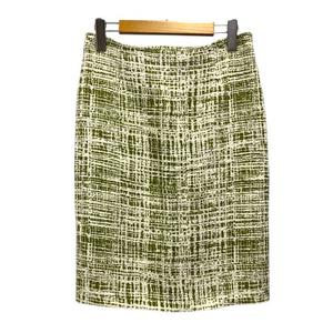 未使用品 プラダ PRADA スカート タイト ツイード リネン混 シルク混 バックスリット ひざ丈 38S 緑 グリーン 白 ホワイト レディース