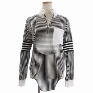 バーバリー BURBERRY 切替 ストライプ スキッパー シャツ ブラウス 長袖 現行 白 ホワイト 黒 ブラック 34 ■ECT レディース