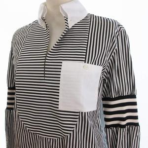 バーバリー BURBERRY 切替 ストライプ スキッパー シャツ ブラウス 長袖 現行 白 ホワイト 黒 ブラック 34 ■ECT レディース