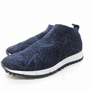 ジミーチュウ JIMMY CHOO スター ニット スニーカー シューズ スリッポン ロゴ ラメ 総柄 イタリア製 紺 ネイビー 35 約22.5cm 0610 レディース