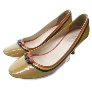 プラダ PRADA エナメル リボン パンプス ラウンドトゥ ヒール ベージュ 約22.5cm IBO81 1016 レディース