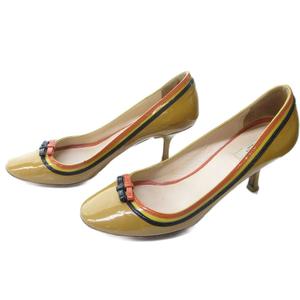 プラダ PRADA エナメル リボン パンプス ラウンドトゥ ヒール ベージュ 約22.5cm IBO81 1016 レディース
