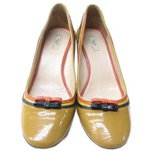 プラダ PRADA エナメル リボン パンプス ラウンドトゥ ヒール ベージュ 約22.5cm IBO81 1016 レディース
