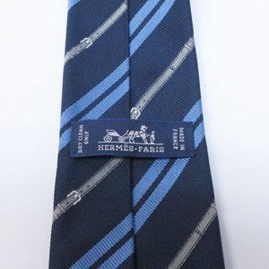 エルメス HERMES 美品 ネクタイ シルク レジメンタルストライプ ベルト柄 馬具 ビジネス 紺 ネイビー 系 IBO87 0204 メンズ