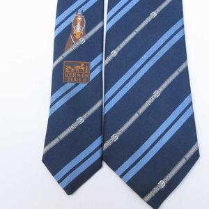 エルメス HERMES 美品 ネクタイ シルク レジメンタルストライプ ベルト柄 馬具 ビジネス 紺 ネイビー 系 IBO87 0204 メンズ