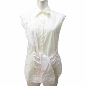 エムエムシックス メゾンマルジェラ MM6 Maison Margiela 22SS シャツ ブラウス 変形デザイン 切替 総柄 ノースリーブ 36 約S ベージュ ホワイト 系 S62DL0058 0426 レディース