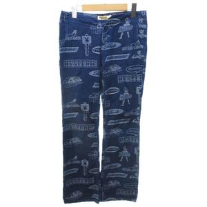 ヒステリックグラマー HYSTERIC GLAMOUR 美品 90s ブーツカットデニム 総柄 ローライズ フレア ボタンフライ インディゴブルー S レディース