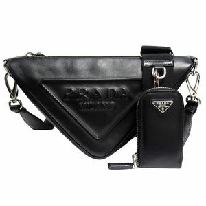 良品 プラダ PRADA トライアングル レザー ショルダーバッグ ミニポーチ付 クロスボディ ロゴ 三角ロゴプレート 1BH190 黒 ブラック シルバー レディース メンズ 