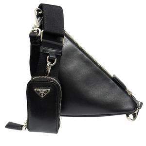 良品 プラダ PRADA トライアングル レザー ショルダーバッグ ミニポーチ付 クロスボディ ロゴ 三角ロゴプレート 1BH190 黒 ブラック シルバー レディース メンズ 