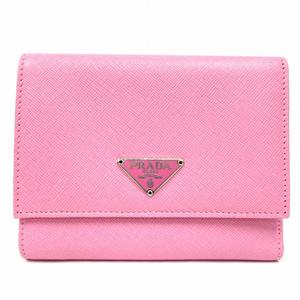 極美品 プラダ PRADA 財布 三つ折り ミニ コンパクト サフィアーノ レザー トライアングルロゴ 三角ロゴ M667 ベゴニア ピンク メンズ レディース ユニセックス ◆２ 