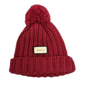 グッチ GUCCI LABEL LOGO KNIT BAENIE ラベル ロゴ ニット ビーニー 帽子 652656 3G206 M赤レッド ブランド古着ベクトル 中古●▲260727 レディース