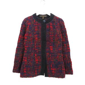 ルイヴィトン LOUIS VUITTON ニット ツイード ノーカラー コート ジャケット 36 レッド 赤 ネイビー 紺 アウター 上着 
