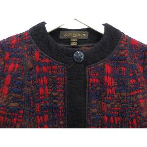 ルイヴィトン LOUIS VUITTON ニット ツイード ノーカラー コート ジャケット 36 レッド 赤 ネイビー 紺 アウター 上着 